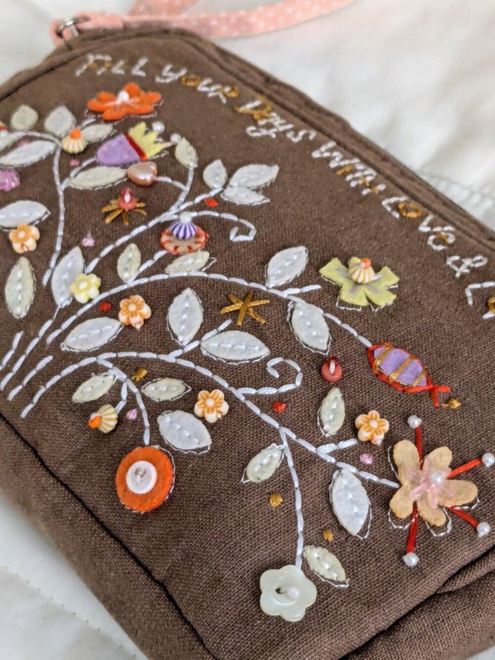 Natural Life Embroidered Brown Wristlet Fill Your Days With Love & Laughter NWOT